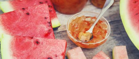 Watermelon peel jam in jars. Selective focus. natureの写真素材