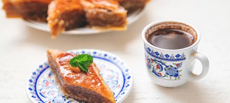 Turkish coffee and baklava on the table. Selective focus. nature.の写真素材