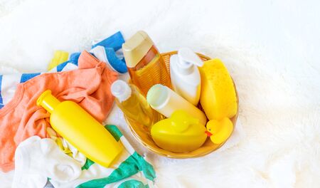 Accessories for bathing the baby. Selective focus. nature.の写真素材