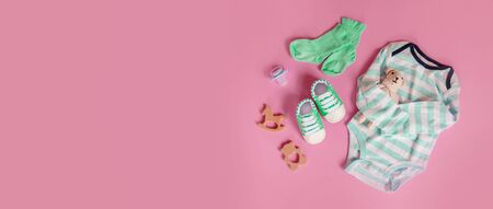 baby accessories for newborns on a colored background. selective focus. nature.の写真素材