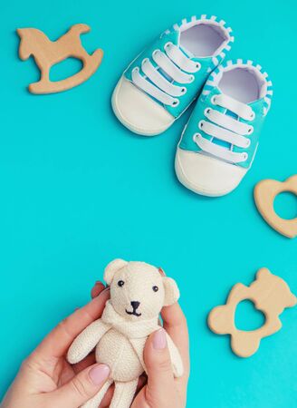 baby accessories for newborns on a colored background. selective focus. nature.の写真素材