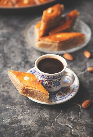 A cup of Turkish coffee and baklava. Selective focus. Drink.の写真素材