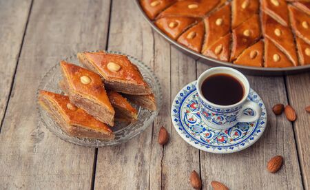 A cup of Turkish coffee and baklava. Selective focus. Drink.