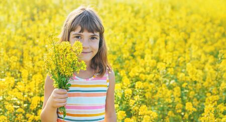 A child in a yellow field, mustard blooms. Selective focus.