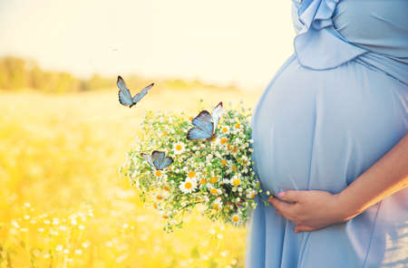 Pregnant woman with flowers and butterflies. Selective focus. nature.
