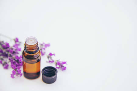 Lavender essential oil in a small bottle. Selective focus.nature.の写真素材