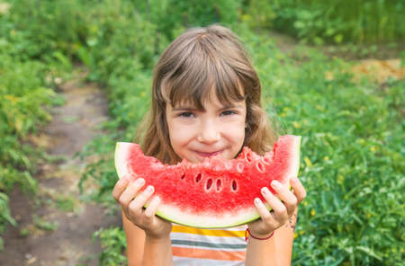 A child on a picnic eats a watermelon. Selective focus.の写真素材