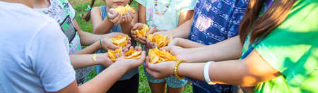 Children are holding chips in their hands. Selective focus. people.