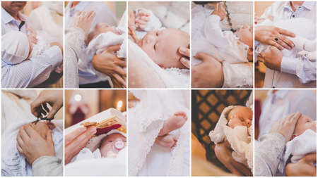 Collage of the sacrament of the baptism of a baby. Selective focus. People.の写真素材