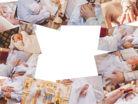 Collage of the sacrament of the baptism of a baby. Selective focus. People.