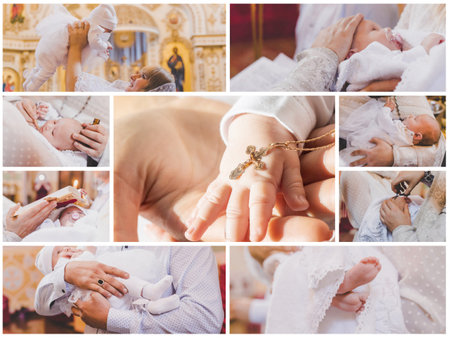 Collage of the sacrament of the baptism of a baby. Selective focus. People.の写真素材