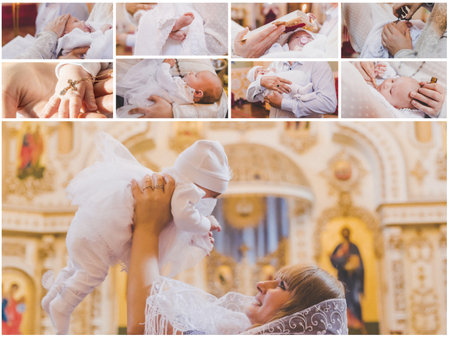 Collage of the sacrament of the baptism of a baby. Selective focus. People.の写真素材