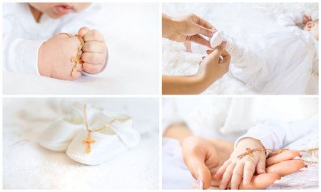 Collage of the sacrament of the baptism of a baby. Selective focus. People.の写真素材