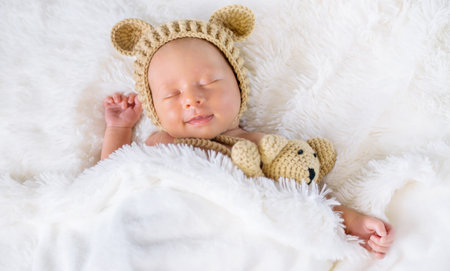A newborn baby sleeps with a teddy bear. Selective focus. people.の写真素材