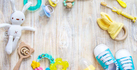 Baby clothes and accessories on a light background. Selective focus. nature.の写真素材