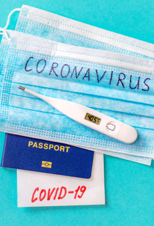 Coronavirus the concept of a ban on flights between countries. International passport. Selective focus. medicineの写真素材