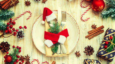 Table setting for christmas decor. Selective focus. haliday.の写真素材