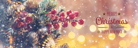 Merry Christmas Holidays greeting card background. Selective focus. nature.の写真素材