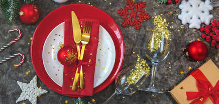 Christmas background table setting and decor. Selective focus. Nature.