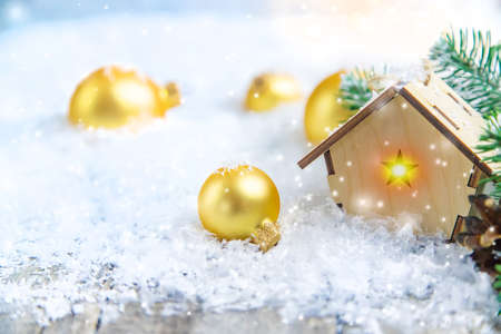 Christmas decor, new year snow house. Selective focus. Holiday.の写真素材