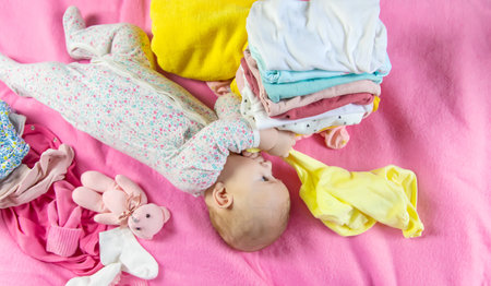 Baby scattered clothes and toys. Selective focus. people.の写真素材