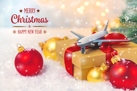 Beautiful Christmas background with airplane. Selective focus. Celebration.の写真素材