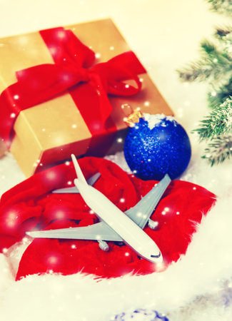 Beautiful Christmas background with airplane. Selective focus. Celebration.の写真素材
