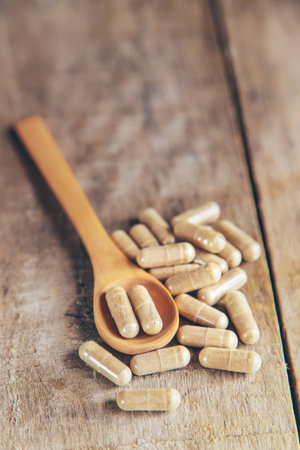 There are many herbal supplements in capsules. Selective focus. nature.の写真素材