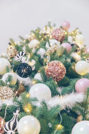 Christmas decorations on the tree. Selective focus. Holiday.の写真素材