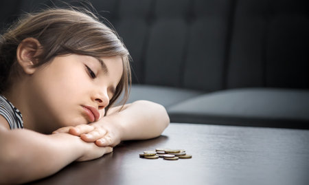 Child counts coins, poverty concept. Selective focus Peopleの写真素材