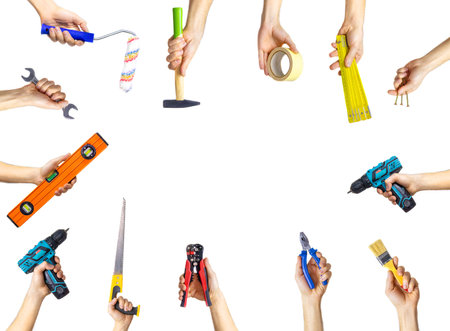 Collage of repair tools on a white background. Selective focus. People.の写真素材