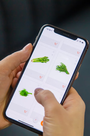 Online ordering of products in the online store. Selective focus. Food.