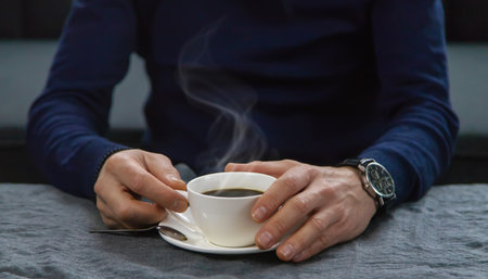 A man at the table with a cup of coffee. Selective focus. Drink.の写真素材