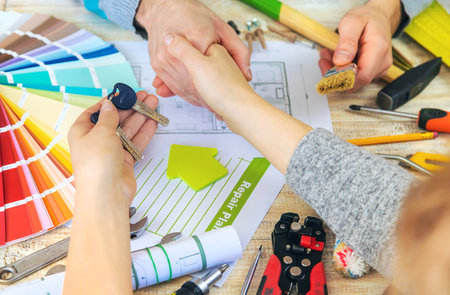 Renovation work conclude a contract. Selective focus. Plan.の写真素材