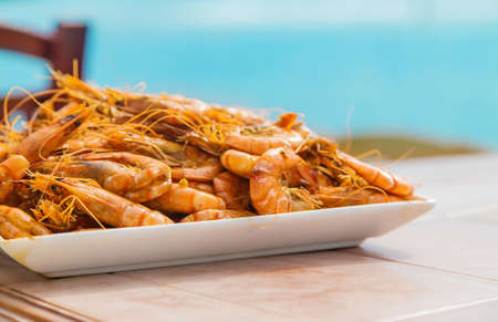 Large shrimp on a plate. Selective focus. Food.の写真素材