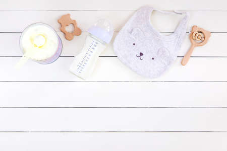 baby bottle with milk on white background. Selective focus. Kid.の写真素材