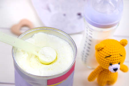 baby bottle with milk on white background. Selective focus. Kid.の写真素材