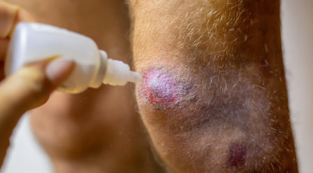 Man's leg injury, wound and blood to be processed. Selective focus. People.の写真素材