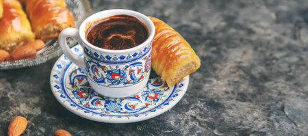A cup of Turkish coffee and baklava. Selective focus. Drink.