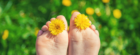 Child feet on the grass. Selective focus. Kid.の写真素材