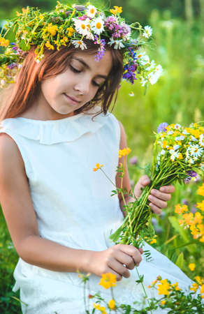 Child girl with wildflowers in summer. Selective focus. Nature.の写真素材