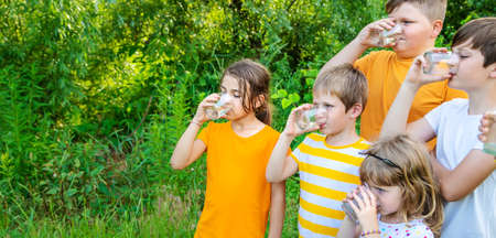 Children drink water outside together. Selective focus. Kids.の写真素材