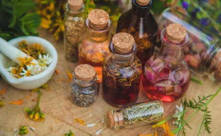 Tincture of medicinal herbs in bottles. Selective focus. Nature.
