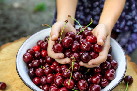 The child eats cherries in the garden. Selective focus. Food.