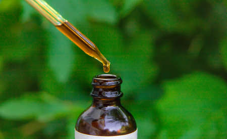 Essential oil extract of medicinal herbs in a small bottle. Selective focus. Nature.の写真素材