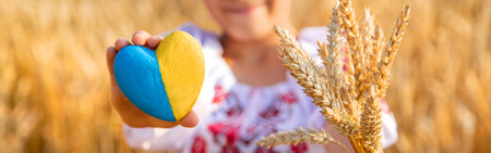 Child in a wheat field. In vyshyvanka, the concept of the Independence Day of Ukraine. Selective focus. Kid.の写真素材