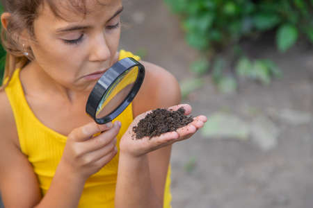 The child examines the ground with a magnifying glass. Selective focus. Nature.の写真素材