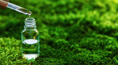 Cosmetics in a bottle and essential oils on moss. Natural spa. Selective focus. Nature.の写真素材