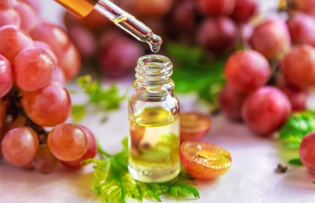 Grape seed oil in a bottle. Selective focus. Nature.の写真素材