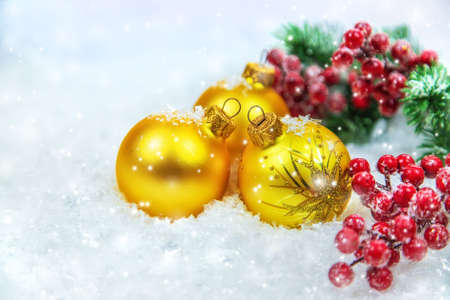 Christmas cards with snow and decor. Selective focus. New year.の写真素材